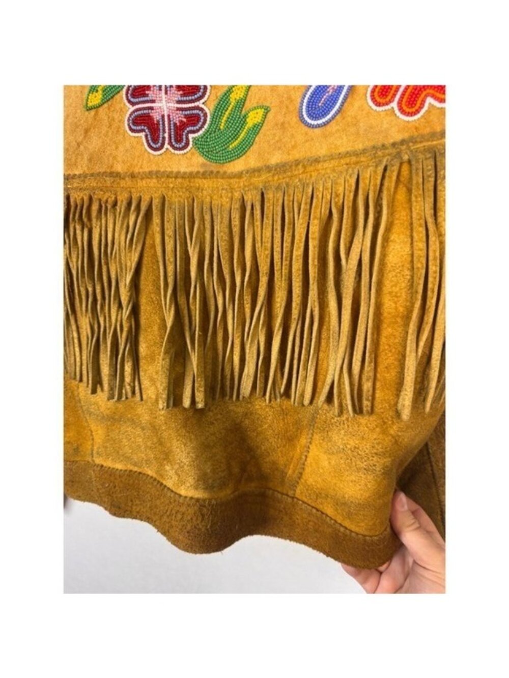 Vintage Buckskin Western Beaded Fringe Jacket Leather Floral Native Crop Women S - Picture 9 of 16